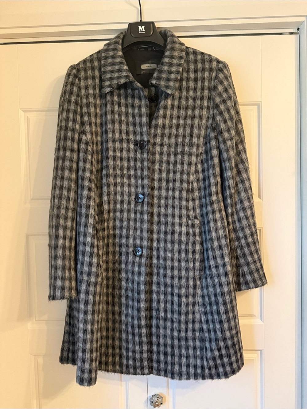 RIANI Gray Checked Wool-Blend Pea Coat